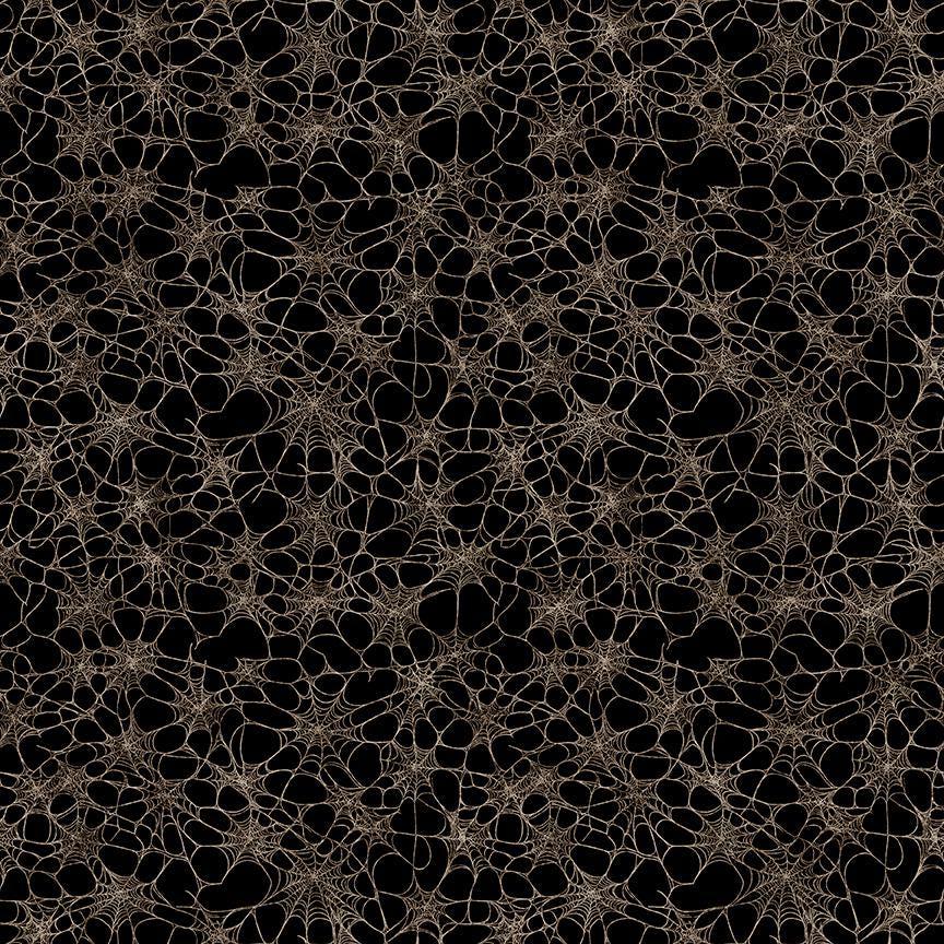 Image of Witchypoo Spiderwebs Charcoal quilting cotton fabric by Morris Creative Group for QT Fabrics. Features spiderwebs on a black background. Cute Little Fabric Shop.