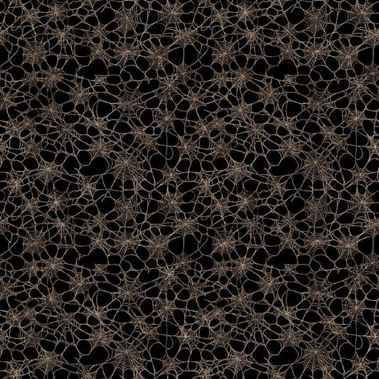 Image of Witchypoo Spiderwebs Charcoal quilting cotton fabric by Morris Creative Group for QT Fabrics. Features spiderwebs on a black background. Cute Little Fabric Shop.