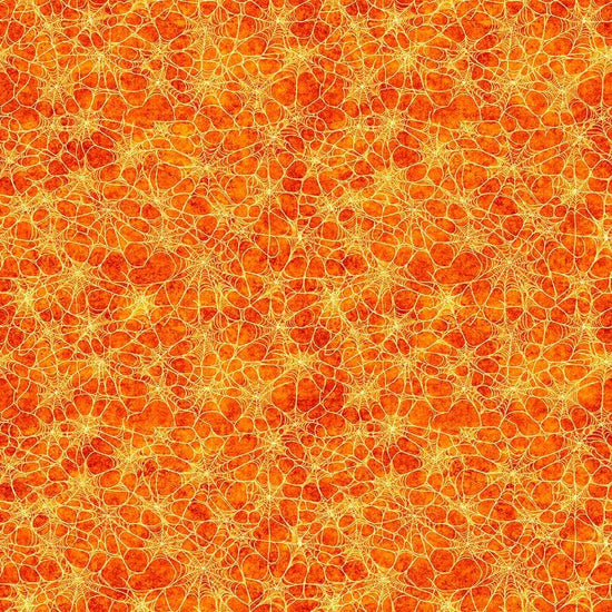 Image of Witchypoo Spiderwebs Orange quilting cotton fabric by Morris Creative Group for QT Fabrics. Features spiderwebs on an orange background. Cute Little Fabric Shop.