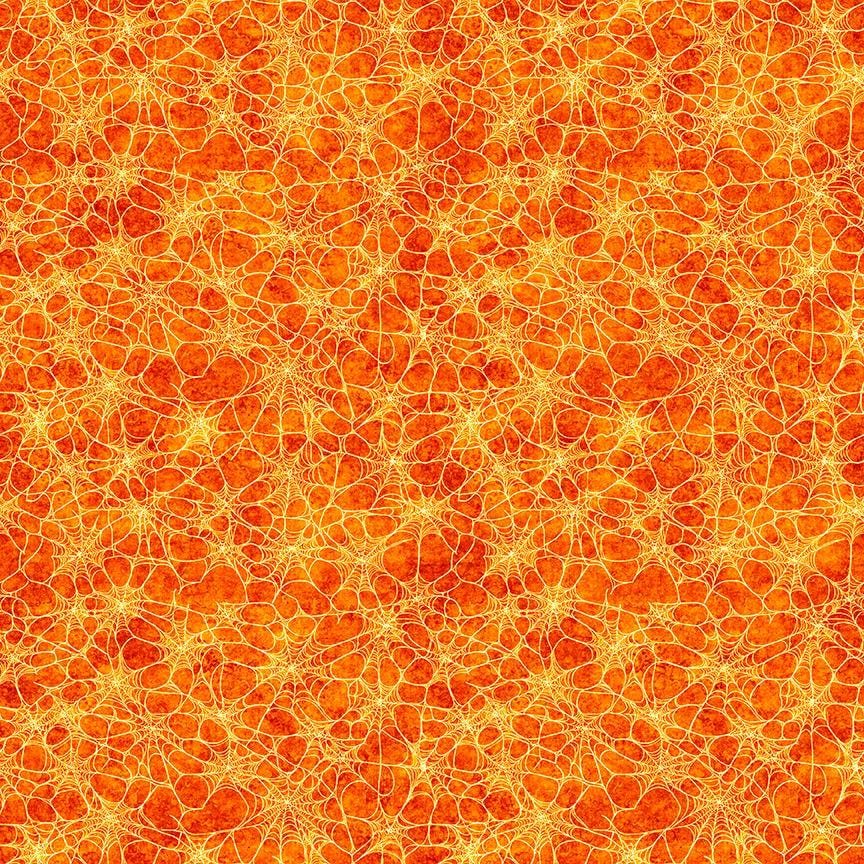 Image of Witchypoo Spiderwebs Orange quilting cotton fabric by Morris Creative Group for QT Fabrics. Features spiderwebs on an orange background. Cute Little Fabric Shop.
