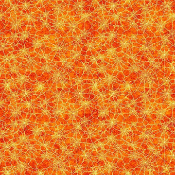 Image of Witchypoo Spiderwebs Orange quilting cotton fabric by Morris Creative Group for QT Fabrics. Features spiderwebs on an orange background. Cute Little Fabric Shop.