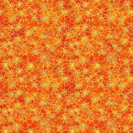 Image of Witchypoo Spiderwebs Orange quilting cotton fabric by Morris Creative Group for QT Fabrics. Features spiderwebs on an orange background. Cute Little Fabric Shop.