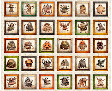 A Haunting We Will Go Monster Picture Patches Panel Oatmeal Cream Halloween Fabric - 31943 - QT Fabrics Quilting Cotton Fabric