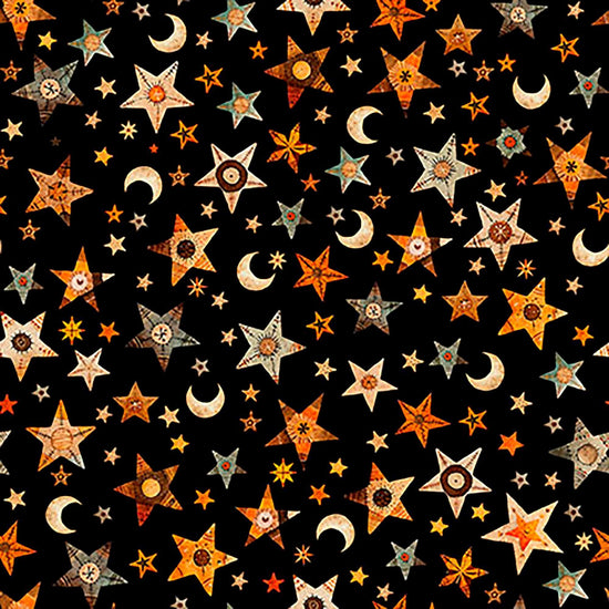 Image of A Haunting We Will Go Stars & Moon Black quilting cotton fabric by Morris Creative Group for QT Fabrics. Features stars and moons on a black background. Cute Little Fabric Shop.