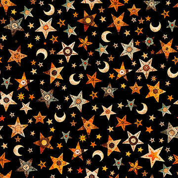 Image of A Haunting We Will Go Stars & Moon Black quilting cotton fabric by Morris Creative Group for QT Fabrics. Features stars and moons on a black background. Cute Little Fabric Shop.
