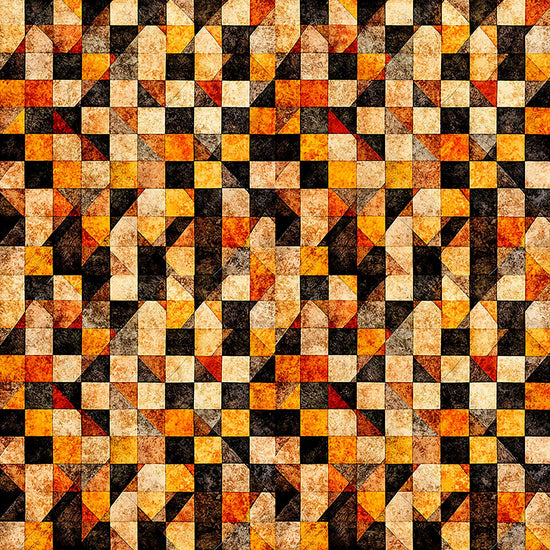 Image of A Haunting We Will Go Checkboard Geo Orange quilting cotton fabric by Morris Creative Group for QT Fabrics. Features a geometric pattern on an orange background. Cute Little Fabric Shop.