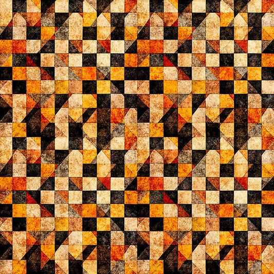 Image of A Haunting We Will Go Checkboard Geo Orange quilting cotton fabric by Morris Creative Group for QT Fabrics. Features a geometric pattern on an orange background. Cute Little Fabric Shop.