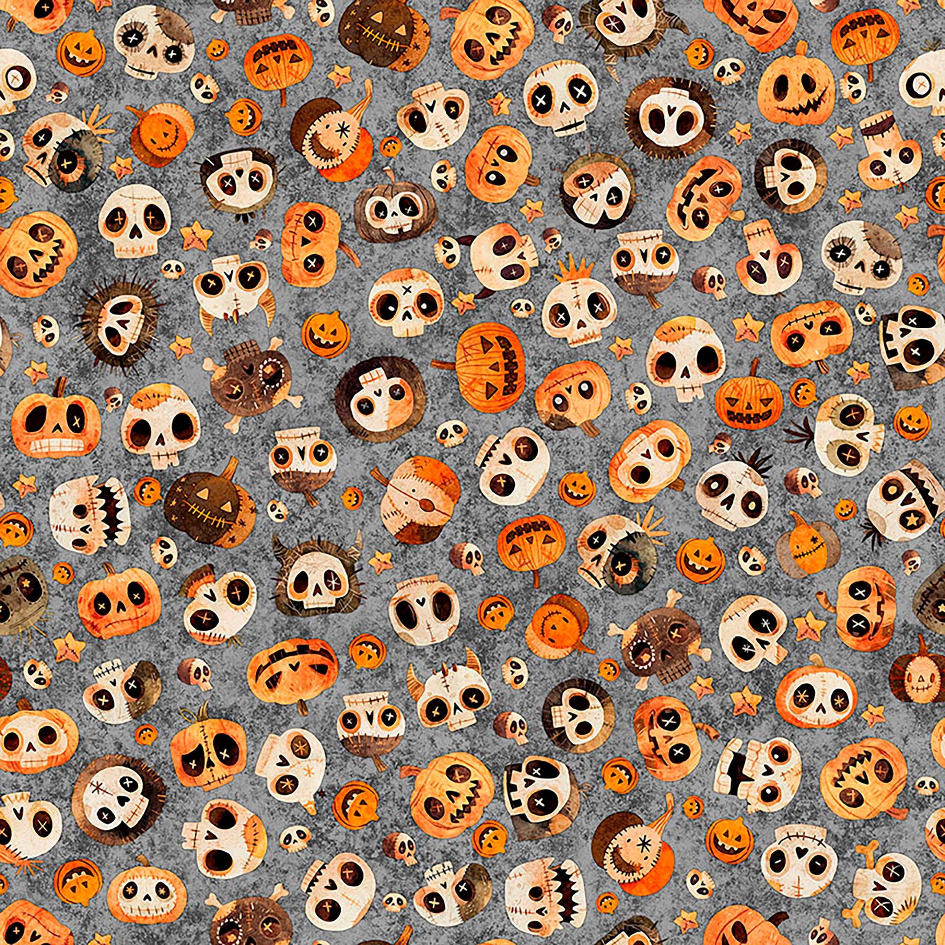 Image of A Haunting We Will Go Skull & Pumpkin Smoke quilting cotton fabric by Morris Creative Group for QT Fabrics. Features pumpkins and skulls on a gray background. Cute Little Fabric Shop.