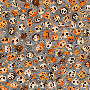 Image of A Haunting We Will Go Skull & Pumpkin Smoke quilting cotton fabric by Morris Creative Group for QT Fabrics. Features pumpkins and skulls on a gray background. Cute Little Fabric Shop.