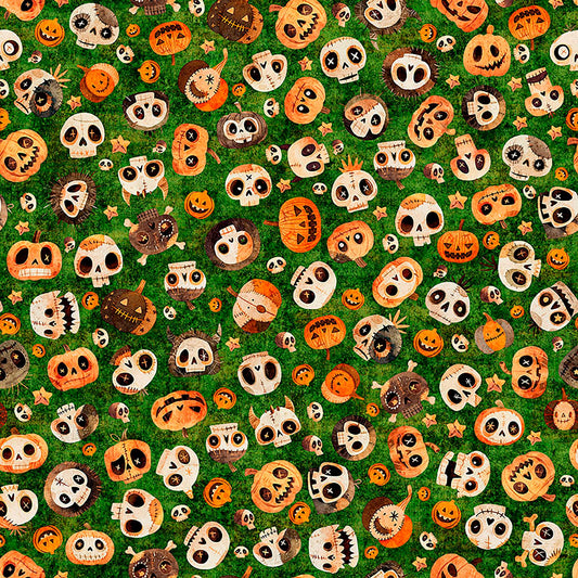 Image of A Haunting We Will Go Skull & Pumpkin Toss Green quilting cotton fabric by Morris Creative Group for QT Fabrics. Features pumpkins and skulls on a green background. Cute Little Fabric Shop.