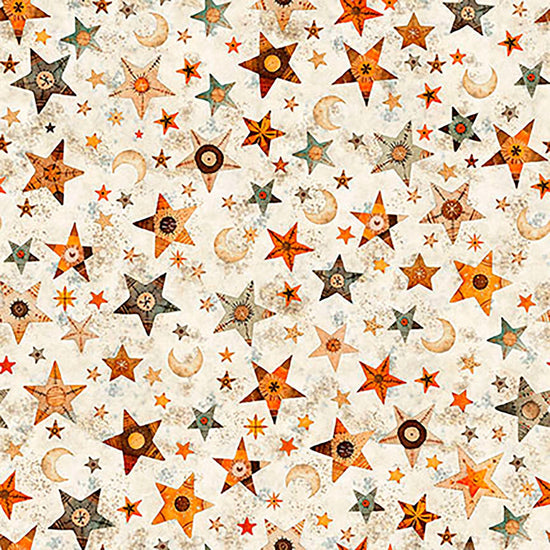 Image of A Haunting We Will Go Stars & Moon Oatmeal quilting cotton fabric by Morris Creative Group for QT Fabrics. Features stars and moons on a cream background. Cute Little Fabric Shop.