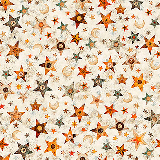 Image of A Haunting We Will Go Stars & Moon Oatmeal quilting cotton fabric by Morris Creative Group for QT Fabrics. Features stars and moons on a cream background. Cute Little Fabric Shop.