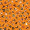 Image of A Haunting We Will Go Monster Toss Orange quilting cotton fabric by Morris Creative Group for QT Fabrics. Features halloween monsters on an orange background. Cute Little Fabric Shop.
