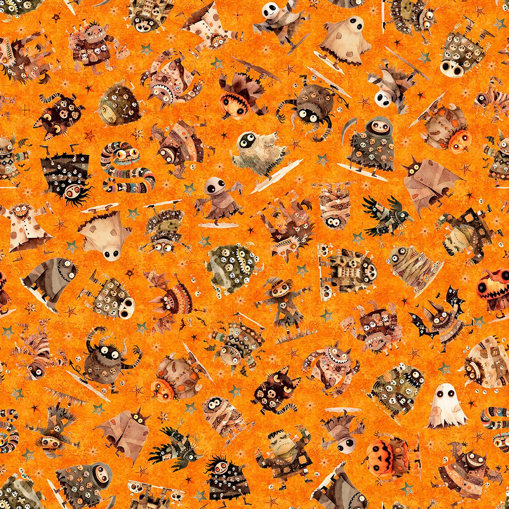 Image of A Haunting We Will Go Monster Toss Orange quilting cotton fabric by Morris Creative Group for QT Fabrics. Features halloween monsters on an orange background. Cute Little Fabric Shop.