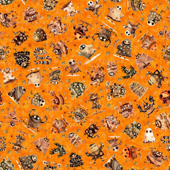 Image of A Haunting We Will Go Monster Toss Orange quilting cotton fabric by Morris Creative Group for QT Fabrics. Features halloween monsters on an orange background. Cute Little Fabric Shop.