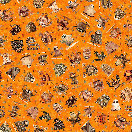 Image of A Haunting We Will Go Monster Toss Orange quilting cotton fabric by Morris Creative Group for QT Fabrics. Features halloween monsters on an orange background. Cute Little Fabric Shop.