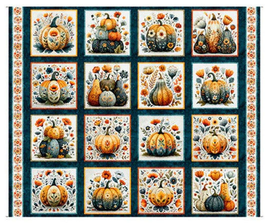 Harvest Hollow Decorative Pumpkin Picture Patches Panel Dark Teal Blue Floral Fabric - 31984 - QT Fabrics Quilting Cotton Fabric