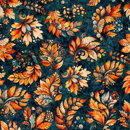 Image of Harvest Hollow Fall Leaves Dark Teal quilting cotton fabric by Morris Creative Group for QT Fabrics. Features leaves on a blue background. Cute Little Fabric Shop.