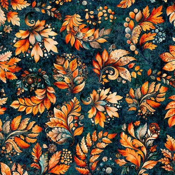 Image of Harvest Hollow Fall Leaves Dark Teal quilting cotton fabric by Morris Creative Group for QT Fabrics. Features leaves on a blue background. Cute Little Fabric Shop.
