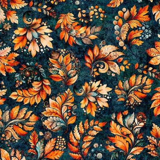 Image of Harvest Hollow Fall Leaves Dark Teal quilting cotton fabric by Morris Creative Group for QT Fabrics. Features leaves on a blue background. Cute Little Fabric Shop.