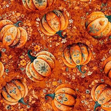 Image of Harvest Hollow Tossed Pumpkins Burnt Orange quilting cotton fabric by Morris Creative Group for QT Fabrics. Features pumpkins on an orange background. Cute Little Fabric Shop.