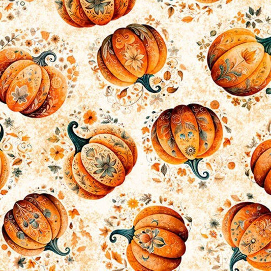 Image of Harvest Hollow Tossed Pumpkins Cream quilting cotton fabric by Morris Creative Group for QT Fabrics. Features pumpkins on a cream background. Cute Little Fabric Shop.