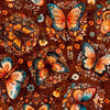 Image of Harvest Hollow Butterflies Burnt Umber quilting cotton fabric by Morris Creative Group for QT Fabrics. Features butterflies on a red background. Cute Little Fabric Shop.