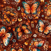 Image of Harvest Hollow Butterflies Burnt Umber quilting cotton fabric by Morris Creative Group for QT Fabrics. Features butterflies on a red background. Cute Little Fabric Shop.
