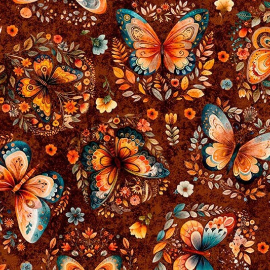 Image of Harvest Hollow Butterflies Burnt Umber quilting cotton fabric by Morris Creative Group for QT Fabrics. Features butterflies on a red background. Cute Little Fabric Shop.