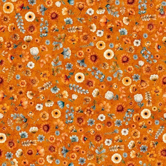 Image of Harvest Hollow Ditzy Floral Pumpkin quilting cotton fabric by Morris Creative Group for QT Fabrics. Features flowers on an orange background. Cute Little Fabric Shop.
