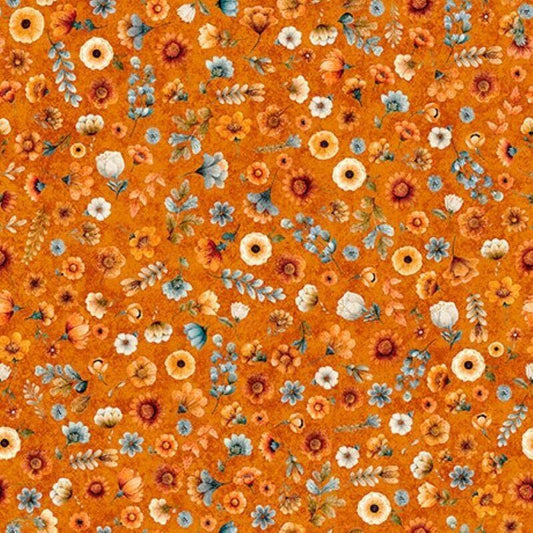 Image of Harvest Hollow Ditzy Floral Pumpkin quilting cotton fabric by Morris Creative Group for QT Fabrics. Features flowers on an orange background. Cute Little Fabric Shop.