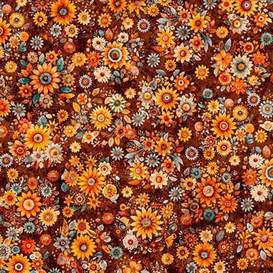 Image of Harvest Hollow Fall Bouquets Burnt Umber quilting cotton fabric by Morris Creative Group for QT Fabrics. Features Flowers on a red background. Cute Little Fabric Shop.