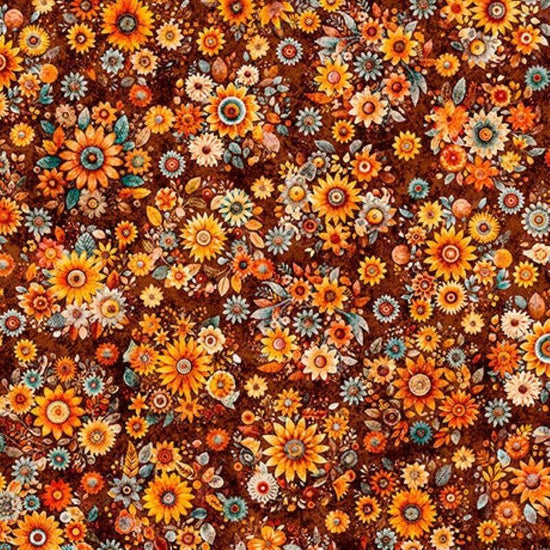 Image of Harvest Hollow Fall Bouquets Burnt Umber quilting cotton fabric by Morris Creative Group for QT Fabrics. Features Flowers on a red background. Cute Little Fabric Shop.