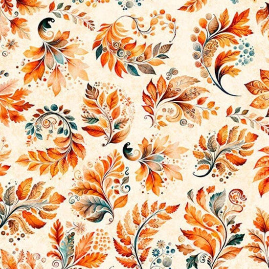 Image of Harvest Hollow Fall Leaves Cream quilting cotton fabric by Morris Creative Group for QT Fabrics. Features leaves on a cream background. Cute Little Fabric Shop.