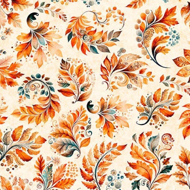Image of Harvest Hollow Fall Leaves Cream quilting cotton fabric by Morris Creative Group for QT Fabrics. Features leaves on a cream background. Cute Little Fabric Shop.