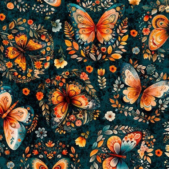 Image of Harvest Hollow Butterflies Dark Teal quilting cotton fabric by Morris Creative Group for QT Fabrics. Features butterflies on a blue background. Cute Little Fabric Shop.