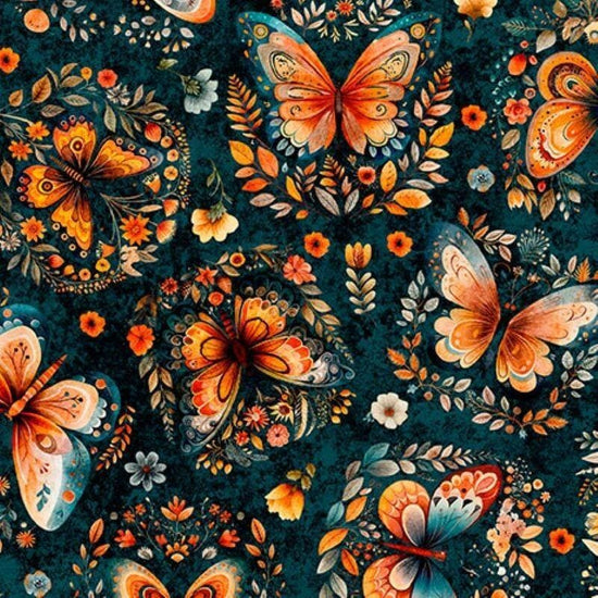 Image of Harvest Hollow Butterflies Dark Teal quilting cotton fabric by Morris Creative Group for QT Fabrics. Features butterflies on a blue background. Cute Little Fabric Shop.