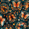 Image of Harvest Hollow Butterflies Dark Teal quilting cotton fabric by Morris Creative Group for QT Fabrics. Features butterflies on a blue background. Cute Little Fabric Shop.