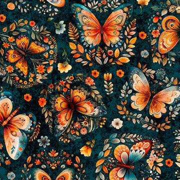 Image of Harvest Hollow Butterflies Dark Teal quilting cotton fabric by Morris Creative Group for QT Fabrics. Features butterflies on a blue background. Cute Little Fabric Shop.