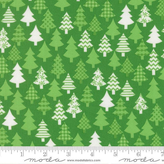 Image of Snow Time Trees Evergreen quilting cotton fabric by Me and My Sister Designs for Moda Fabrics. Features trees on a green background. Cute Little Fabric Shop.