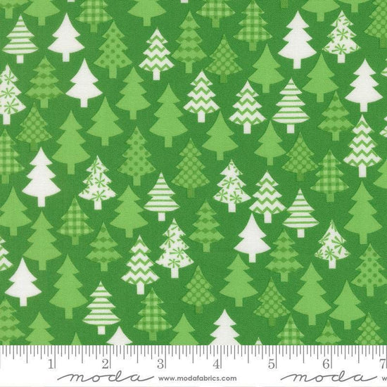 Image of Snow Time Trees Evergreen quilting cotton fabric by Me and My Sister Designs for Moda Fabrics. Features trees on a green background. Cute Little Fabric Shop.