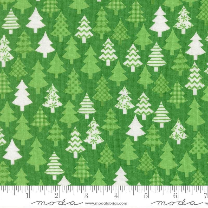 Image of Snow Time Trees Evergreen quilting cotton fabric by Me and My Sister Designs for Moda Fabrics. Features trees on a green background. Cute Little Fabric Shop.