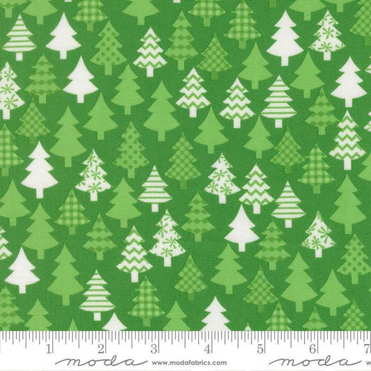 Image of Snow Time Trees Evergreen quilting cotton fabric by Me and My Sister Designs for Moda Fabrics. Features trees on a green background. Cute Little Fabric Shop.