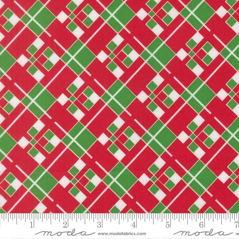 Image of Snow Time Checks Poinsettia Red quilting cotton fabric by Me and My Sister Designs for Moda Fabrics. Features checks on a red and green background. Cute Little Fabric Shop.