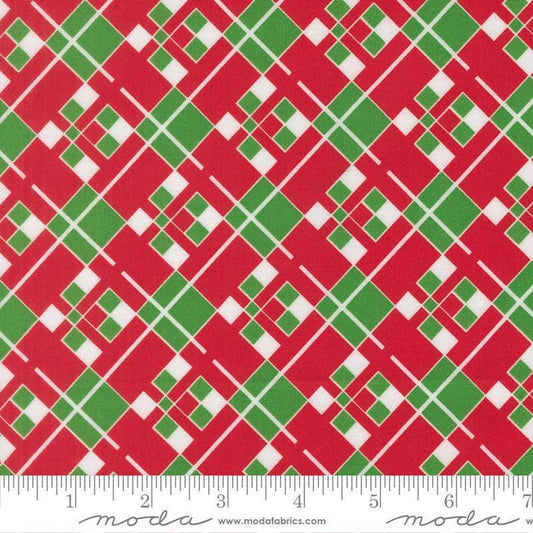Image of Snow Time Checks Poinsettia Red quilting cotton fabric by Me and My Sister Designs for Moda Fabrics. Features checks on a red and green background. Cute Little Fabric Shop.