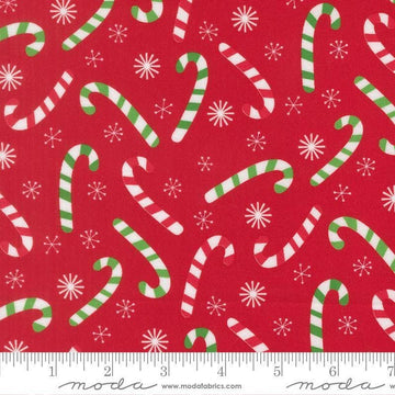 Image of Snow Time Candy Cane Poinsettia quilting cotton fabric by Me and My Sister Designs for Moda Fabrics. Features candy canes on a red background. Cute Little Fabric Shop.