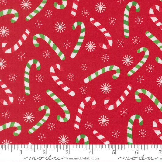 Image of Snow Time Candy Cane Poinsettia quilting cotton fabric by Me and My Sister Designs for Moda Fabrics. Features candy canes on a red background. Cute Little Fabric Shop.