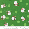 Image of Snow Time Tossed Snowman Evergreen quilting cotton fabric by Me and My Sister Designs for Moda Fabrics. Features snowmen on a green background. Cute Little Fabric Shop.