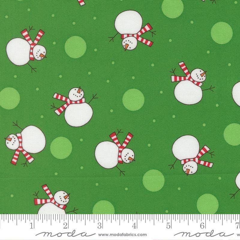 Image of Snow Time Tossed Snowman Evergreen quilting cotton fabric by Me and My Sister Designs for Moda Fabrics. Features snowmen on a green background. Cute Little Fabric Shop.