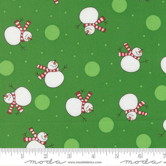 Image of Snow Time Tossed Snowman Evergreen quilting cotton fabric by Me and My Sister Designs for Moda Fabrics. Features snowmen on a green background. Cute Little Fabric Shop.